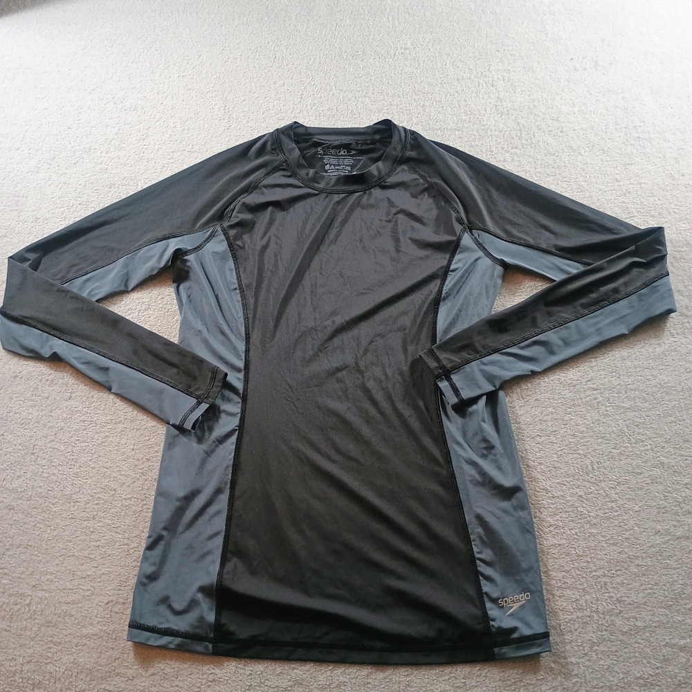 Speedo Mens Rash Guard Swim Shirt Black Grey Medium Long Sleeve UV Protection